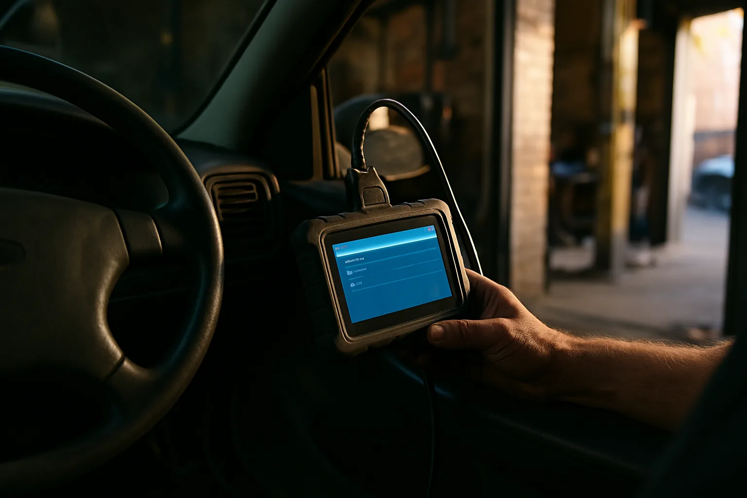 Engine diagnostic scanner connected to vehicle