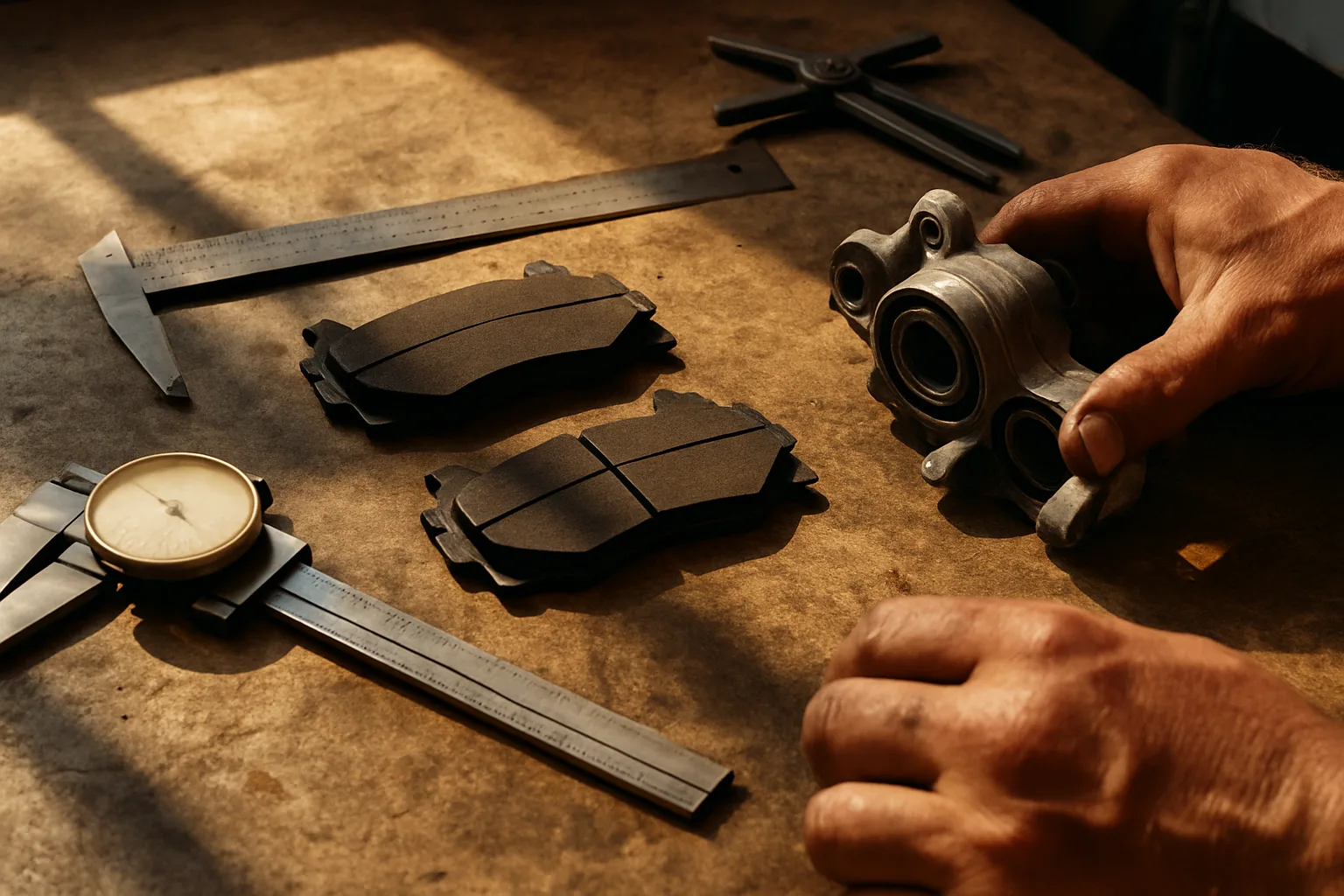 Brake pads and caliper components on workbench ready for installation